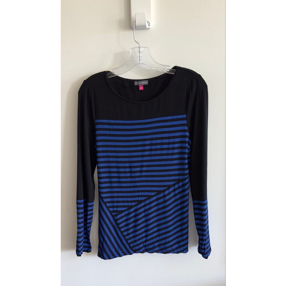 Vince Camuto - Black & Blue Stripe Asymmetrical Colorblock Long Sleeve Top (M)